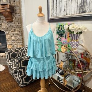 Turquoise romper!! With a ruffle top cinching at the waist!